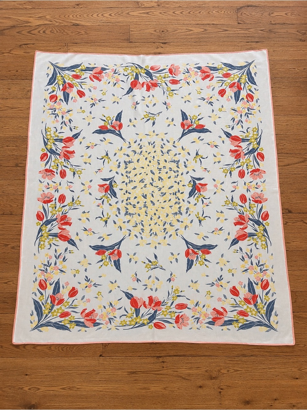 Vintage Mid-Century Floral Tablecloth | Tulip Border, Textured Woven Fabric